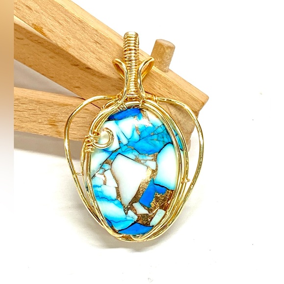 HANDCRAFTED Blue Dahlia Cabochon Hand Wrapped Pendant, Artisan Jewelry Gift Her - Picture 9 of 9